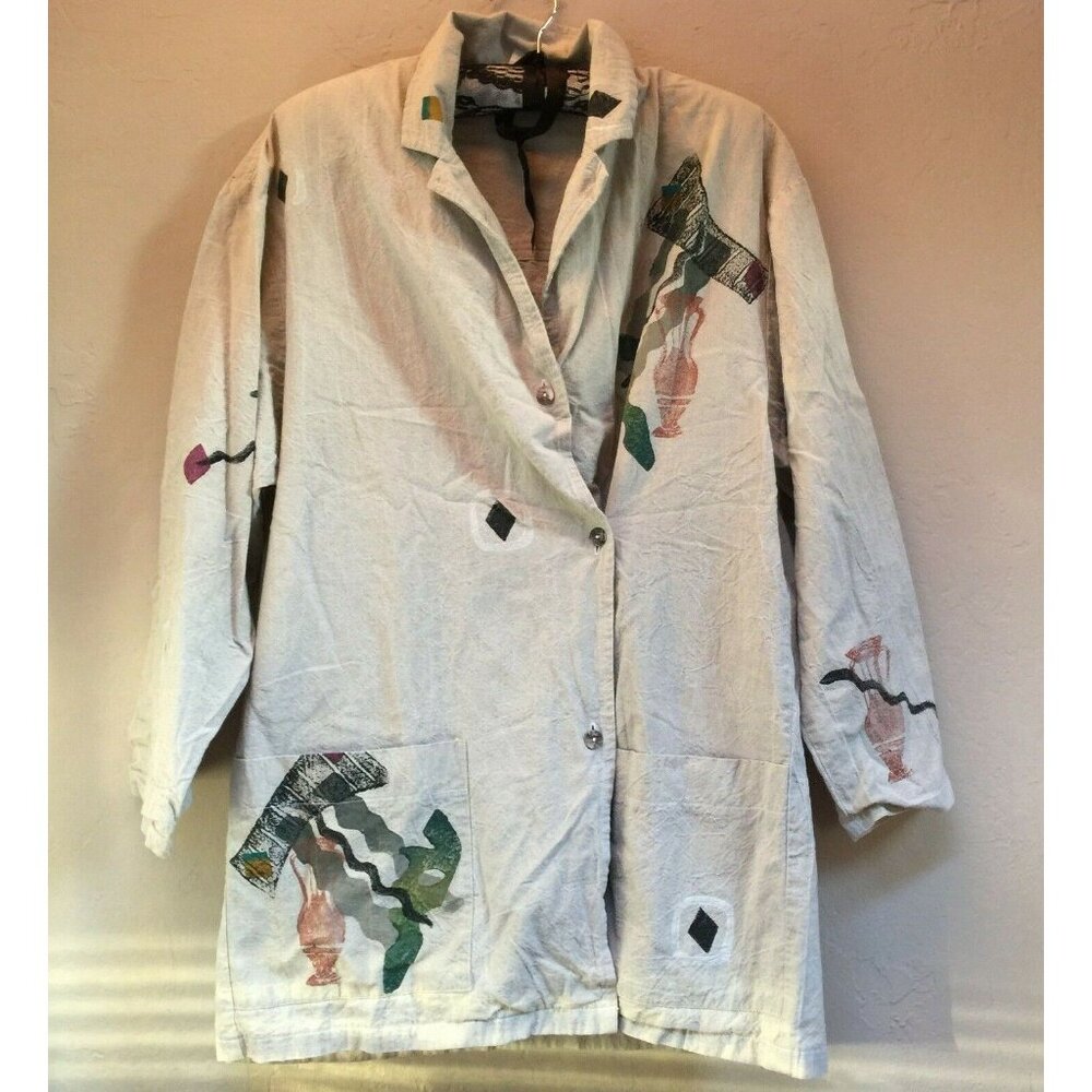 Vintage Play Alegre Preshrunk Hand Printed Jacket Size M/L Tan Pockets Cotton